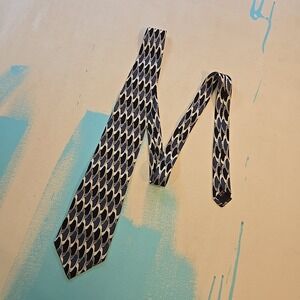 VTG Enzo Felini Silk Tie Blue Black Geometric Hand Made Retro 3.5x58" Roma Paris